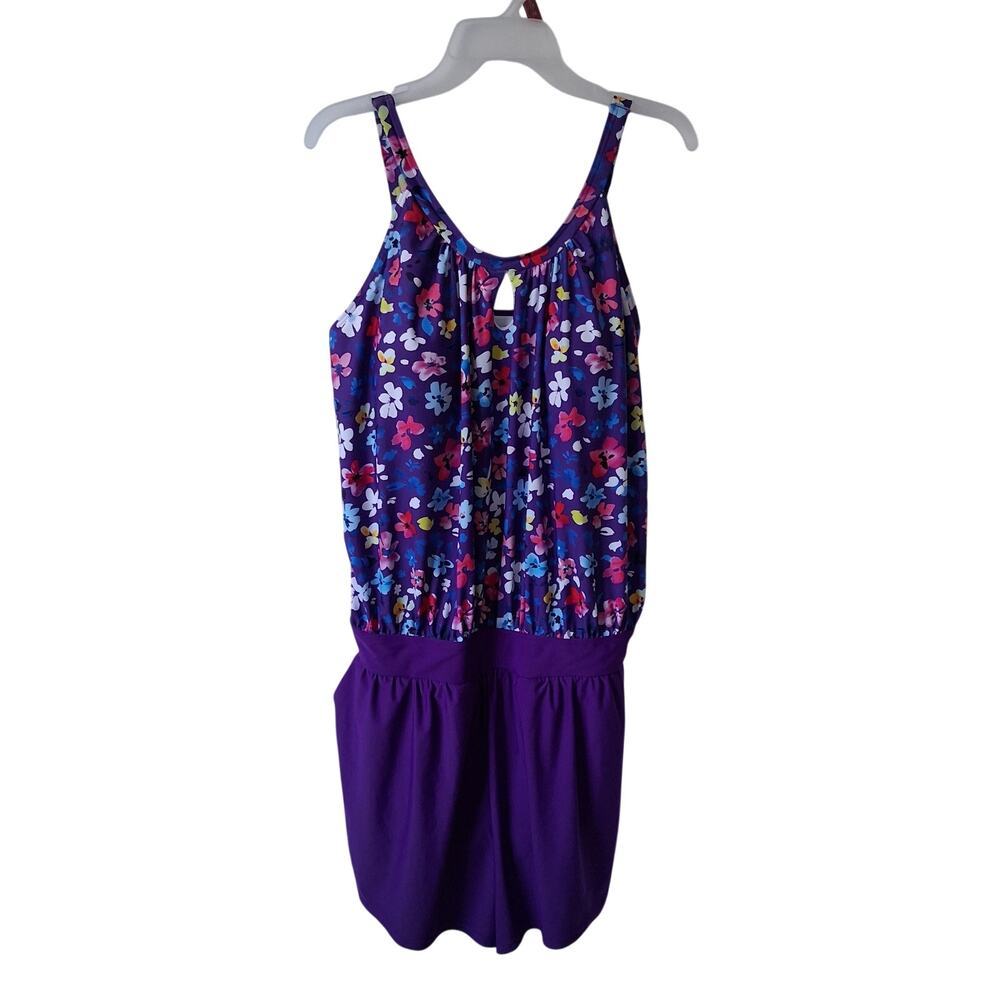 BloomChic Women Plus Size Floral Print Keyhole Purple Swim Romper Pockets Summer